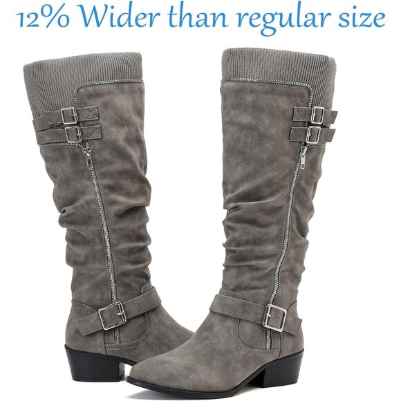 ⚡Women's Grey Extra Wide Calf Knee High Boots Knee High Boots Low Stacked Heel - Picture 5 of 6